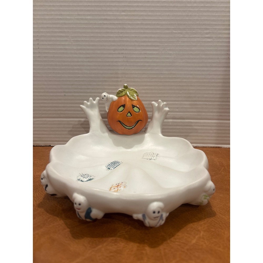 Vintage Ceramic Halloween Ghost Pumpkin Candy Dish Scalloped Tray Kitsch Decor